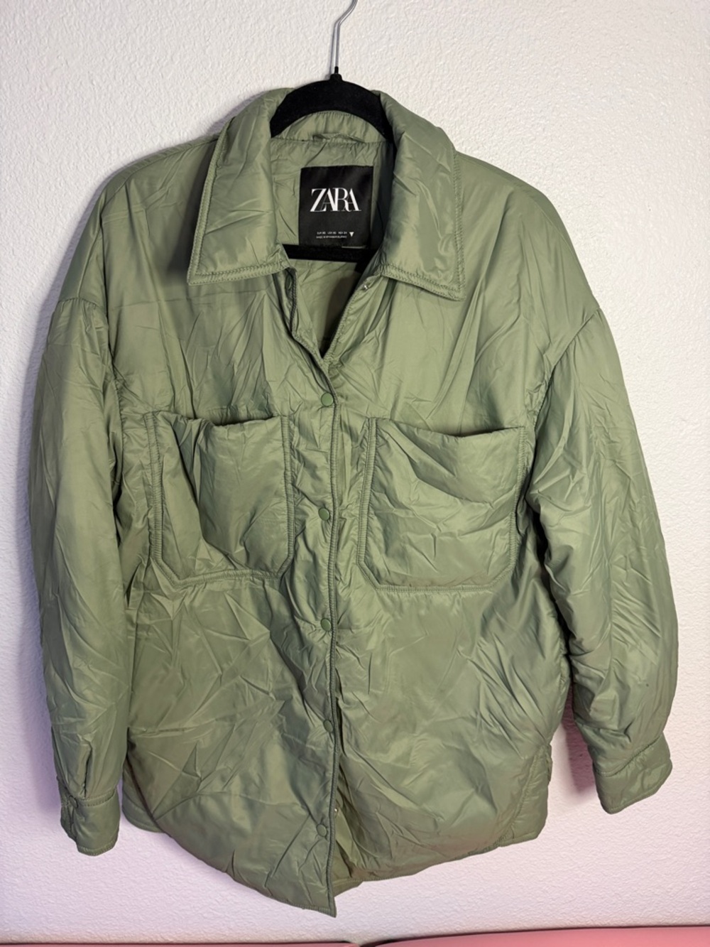 ZARA Light Olive Quilted Puffer Overshirt